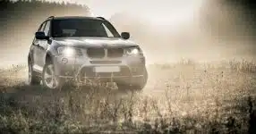 Scheinwerfer Nebel Auto BMW SUV Dämmerung Morgengrauen Lichtung Feld Wald